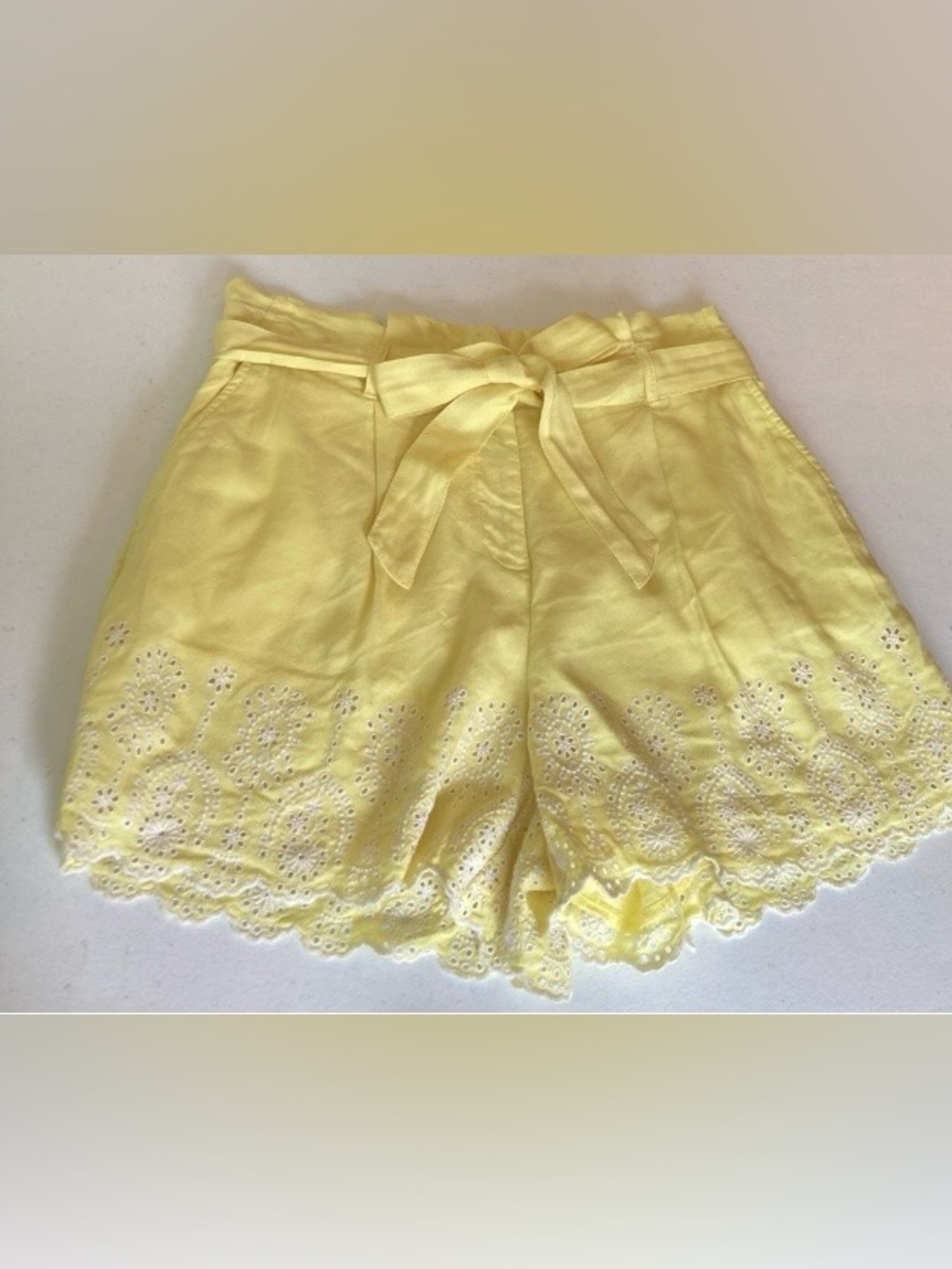 LOFT Linen Blend Yellow Eyelet Tie-Waist High-Rise Shorts Two Front Pockets